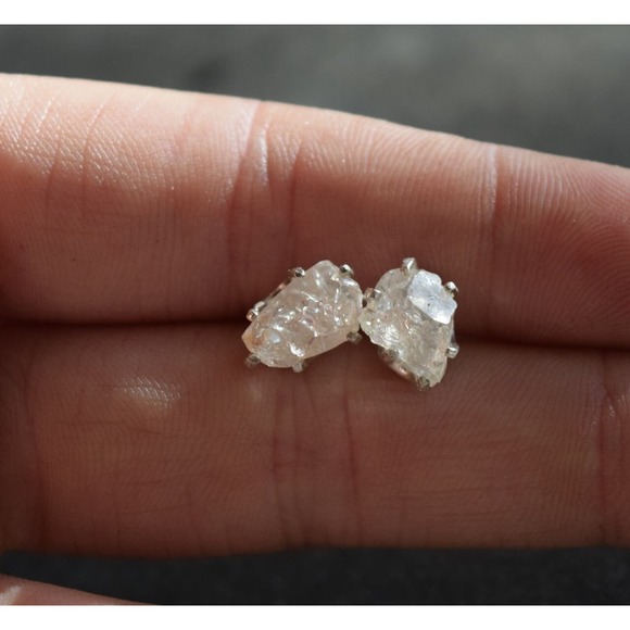 Sterling silver stud earrings, alternative diamond, uncut natural gemsto… - Picture 4 of 4